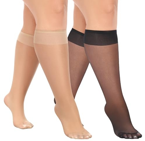 MANZI 10 Pairs Plus Size Knee High Stockings for Women 15D Sheer Nylons Socks with Wide Calf, Natural and Black