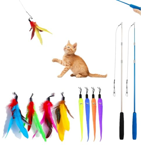 AIXINPET Retractable Cat Wand Toy – 13PCS Interactive Kitten Teaser with Bells, 2 Adjustable 3-Section Poles, 9 Attachments & 2 Spare Lines for Play & Exercise (Blue/Black)
