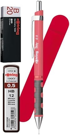 rOtring Tikky Mechanical Pencil 0.5 mm – Tea Rose - Coral | Refillable |Comfort Grip | Includes 12 HB Leads, B20 White Eraser & Red Velvet Pouch | Stylish School & Office Supplies