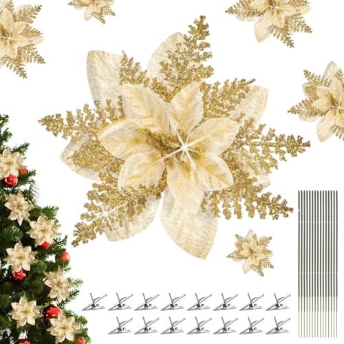 Zocipro 15pcs Flores de Pascua con Purpurina para árbol de Navidad, Flores Artificiales Doradas para Decoración Navideña con Tallos y Clips para Guirnaldas y Coronas