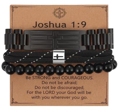 OIDEA Pulsera Cruz Bíblica Hombre: Brazalete Joshua Cristiana Cuentas de Obsidiana - Adecuado para Bautizos Cumpleaños Regalos Religiosos
