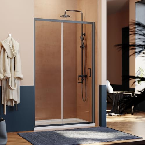 ELEGANT 1100mm Black Sliding Shower Enclosure 6mm Toughened Gray Glass Bathroom Smooth Screen Panel Reversible Shower Cubicle