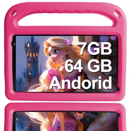 GOODTEL 7 Zoll Android Tablet ｜Android System mit 7 GB + 64 GB Speicher｜Bluetooth｜GPS｜Doppelkamera｜Lernspiele und Spiele für Eltern｜Eva-Spritzwasserschutzhülle (Rosa)