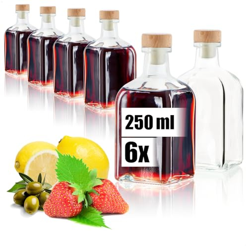 Wilhelm Sell® 6x Bottiglie in Vetro 250 ml con Tappo in Sughero, Contenitori Vuoti per Olio, Aceto o Liquori