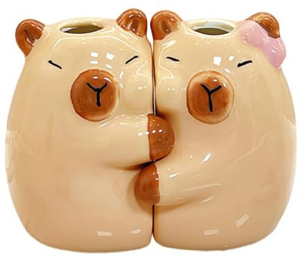 Portaspazzolino in ceramica a forma di animale Set di 2 Capibara che abbracciano accessori da bagno organizer da scrivania per coppia