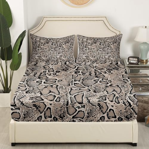 Snakeskin Pattern Fitted Sheet Queen Size Animal Skin Printed Bedding Set Snake Print Sheet Set,Black Brown Pattern Bed Cover Ultra Soft Breathable Bedspread 3 Pcs for Kids Teens Boys No Flat Sheet
