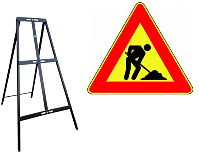 CARTELLO IN LAMIERA SCATOLATA TRIANGOLO lato 90cm - LAVORI IN CORSO - SEGNALE CATARIFRAGENTE CON CAVALLETTO (CARTELLO)