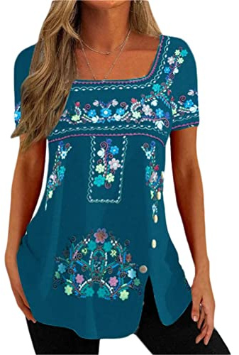 Onsoyours T-Shirt Femme Ethnique Fleurs Col en U Haut D'été Décontracté Ample Grande Taille Tunique Top Manches Courtes Blouse Longline Casual Élégant Chic Bleu L