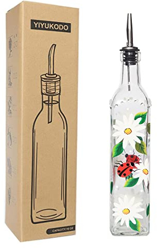 YIYUKODO 17oz Hand Painted Glass Olive Oil Bottle - 500ml Green Oil & Vinegar Cruet with Pourers - Olive Oil Carafe Decanter for Kitchen (Daisy)