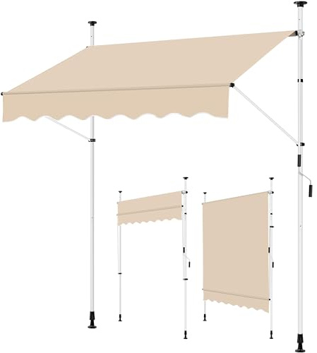 Yaheetech Klemmmarkise 200cm Breit Balkonmarkise mit Handkurbel Sonnenschutz ohne Bohren Sonnenmarkise höhenverstellbar Markise mit Gestell wasserdicht, Beige