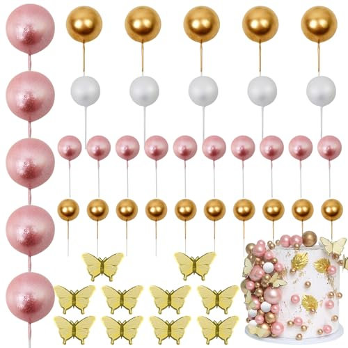 LARDUX 45 PCS Ball Cake Toppers - Butterfly Cake Decorations DIY Mini Balloon Cupcake Insert for Girl Kids Women Birthday Party Baby Shower Wedding- Rose Gold