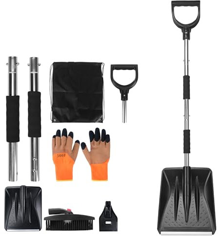 COVVY Kit de Pala de Nieve 3 en 1, Retráctil Con Raspador de Hielo y Cepillo Para Entrada de Coche, Incluye Bolsa de Almacenamiento y Guantes (Plateado)