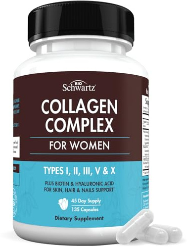 BioSchwartz Hydrolyzed Collagen Peptide Capsules - Multi Collagen Supplements for Women Types I, II, III, V, X with Vitamin C, Biotin, Keratin and Hyaluronic Acid for Skin, Hair & Nails - 135ct