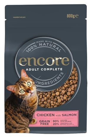Encore Cibo secco completo naturale senza cereali al gusto di salmone per gatti adulti – Confezione da 3 sacchetti da 800 g