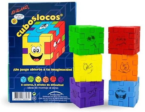 CubosLocos de Evaland, Pack de 6 Rompecabezas 3D, Puzzle de 6 Cubos Locos. Juego de ingenio, estimula la imaginación, desarrolla la Inteligencia. 6 Niveles de dificultad. Mejora la Memoria.