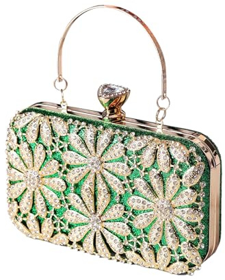CORIOS Bolsa de Noche para Mujer Diamantes de Imitación Clutch Bolso de Fiesta Pequeña Bolso de Boda Elegante Flor Bolso de Hombro Bolsos Bandolera con Cadena para Fiesta Banquete Boda Verde