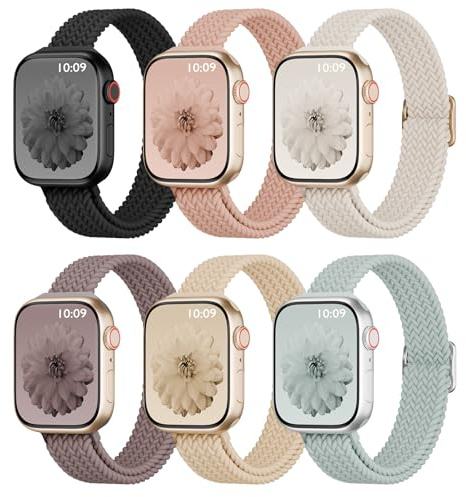 6-pack tunn stretchig flätad kompatibel med Apple Watch Band 38 mm 40 mm 41 mm 42 mm 44 mm 45 mm 46 mm 49 mm kvinnor män, Solo Loop nylon smal rem för iWatch Band serie 10 9 8 7 SE 6 5 4 3 2 1 Ultra
