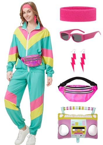 Coseaon 80s Tracksuit for Women Retro Windbreaker Outfit 90s Color Block Sportswear Set with Jacket Sweatpants (US, Alpha, 3X-Large, Regular, Regular, Green)