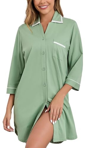 COLORFULLEAF 100% Cotton Women's Nightdress Button Down Nightshirts 3/4 Sleeve Sleep Dress Soft Sleepwear Loungewear Summer Nightgown (Sage Green,M)