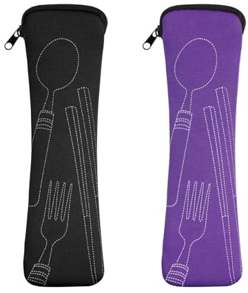 Vicloon 2 Piezas Bolsa de Cubiertos Portátil con Cremallera para Guardar, Camping, Picnic y Viajes (Púrpura/Negro)