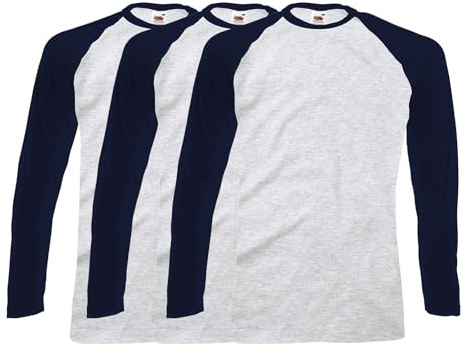NGWorld Pack De 3 T-Shirts De Baseball Hommes À Manches Longues Contrastées Col Rond Classique sans Motif - 3 x Gris Heather/Marine Profond - L
