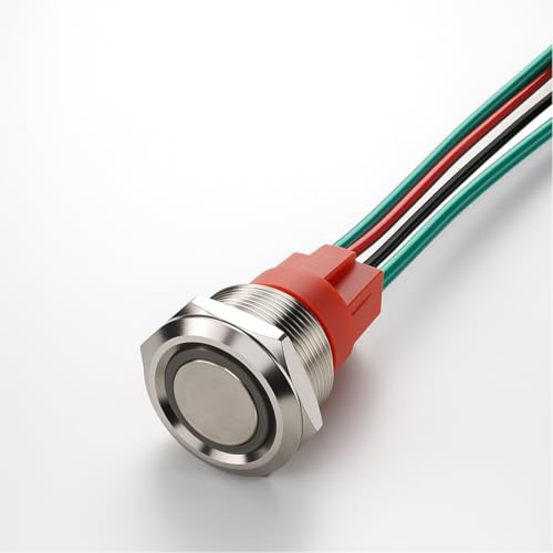 Guuzi Interrupteur à Bouton-Poussoir Momentané de Type Court, 15A, 220V, Marine Etanche, 4 Broches, 22mm, SPST, LED Blanche, avec Fil