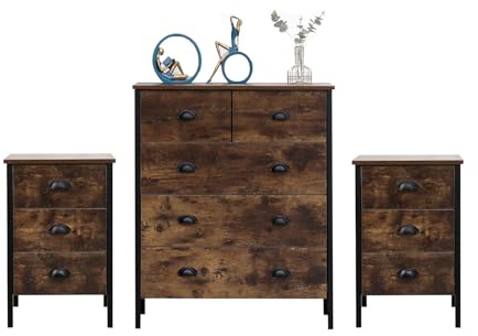 FUSIDE Retro 3-Piece Bedroom Set,4/5-Drawer Chest,3 Drawers Bedside Table Set of 2 with Metal Legs and Handles, Vintage Bedroom Dresser Storage Organizer Furniture (4 Drawer Set)