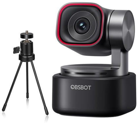 OBSBOT Tiny 3 with Tripod, PTZ 4K Webcam Spatial Audio, Tri-Mic, 1/1.28 Sensor, 120FPS DGG HDR, PC Camera with AI Tracking, Voice Control, PDAF Autofocus, Ideal for Meeting or Streaming, etc