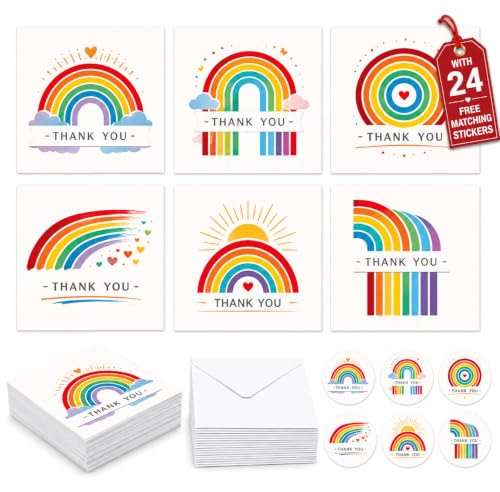 SIMPLY GIFTED Thank You Cards Multipack of 24 with Envelopes & Thank You Stickers – 6 Beautiful Rainbow Designs Thankyou Cards –Blank Inside Premium Thick 12x12cm Greeting Cards for Teachers Kids