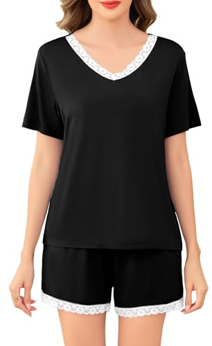Sopesil Pigiama Donna Estivo in Modal Set Pigiama 2 Pezzi con Maniche Corte Scollo a V e Pizzo Tinta Unica Morbido Nero,XL