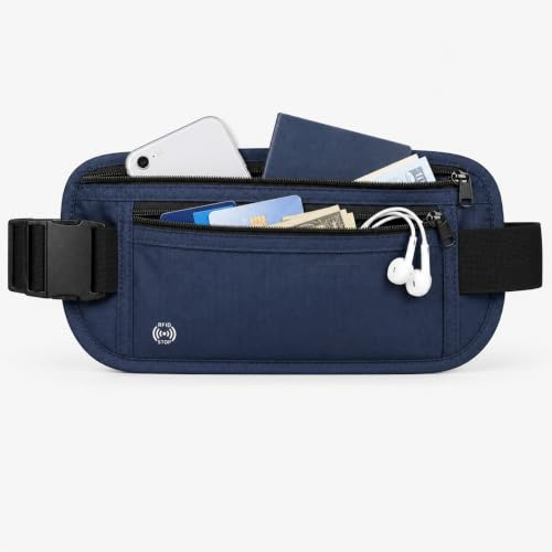 Money Belt RFID Blocking Concealed Multi-Pocket Travel Passport Holder Navy | Water-Resistant Concealed Design, Adjustable Strap Keeps Passport, Phone, Cards & Cash Safe for Travel