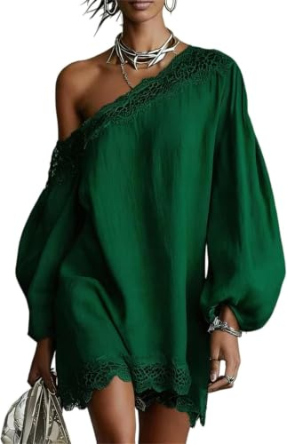 Damminiklänning i boho, axellös klänning, spetskant, puffärmar, veckade detaljer, one-shoulder-snitt, lös passform