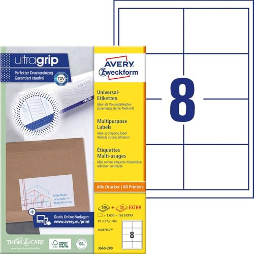 AVERY Zweckform 3660-200 Universal Etiketten (1.600 plus 160 Klebeetiketten extra, 97x67,7mm auf A4, bedruckbare Versandetiketten, selbstklebende Versandaufkleber mit ultragrip) 220 Blatt, weiß