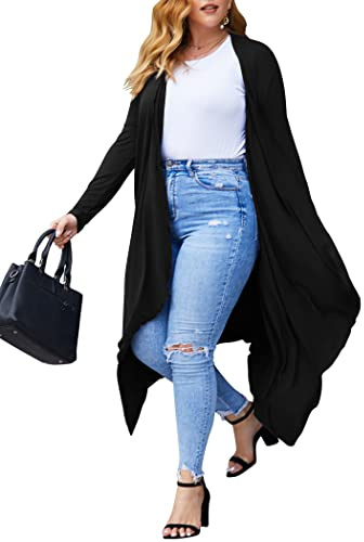 Women's Plus Size Long Sleeve Waterfall Asymmetric Drape Open Long Maxi Cardigan (Black, XL)