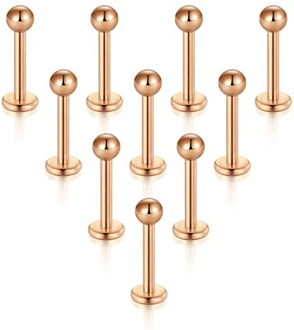 Briana Williams 10 Pezzi 1.2mm Oro Rosa 316L Acciaio Chirurgico 3mm Palla Labret al Labbro/Trago/Helix Orecchio Stud Bilanciere, 6-8mm Lunghezza barretta Corpo Piercing Gioielli