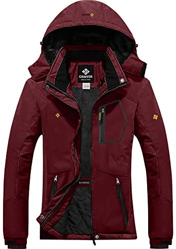 GEMYSE Damen Wasserdichte Winddichte Skijacke Winterjacke Wanderjacke Hardshelljacke Regenjacke mit Kapuze (Weinrot,L)