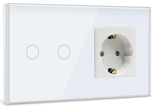 BSEED Interruttore Con Presa, 2 Gang 1 Via Luce Da Parete Con Indicatore LED, Pannello In Vetro Temperato, Bianco, Tattile