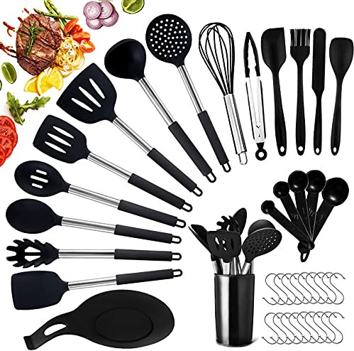 JOYBOY Utensili Cucina Silicone,Utensili da Cucina in Silicone Resistente al Calore Antiaderenti Utensili Cucina Set 37 Pezzi, Utensili da Cucina con Manico in Acciaio Inossidabile