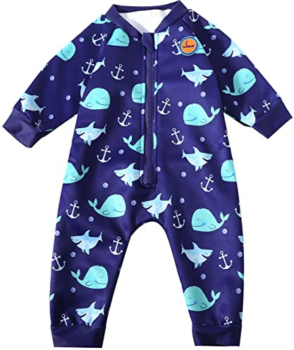 Swimbubs Baby Swimming Warm Suit Boys Fleece Lined Wetsuit Girls UV UPF50 Sun Protection Swimsuit (6-12 Months, Blue Whale)