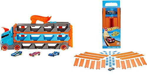 Hot Wheels Speedway Hauler Storage Carrier with 3 1:64 Scale Cars & Convertible 6-Foot Drag Race Track for Kids 4 to 8 years Old & BHT77 Straight Track Builder with Diecast and Mini Car Toy Pack