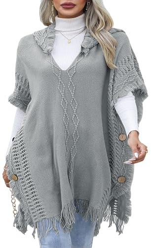 JFAN Ponchos för kvinnor mantel med huva stickade sjalar med knappar och tofsar, Grå, one size