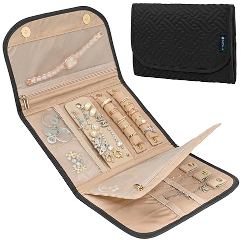 Pavilia Foldable Jewelry Organizer Roll Bag, Small Travel Pouch Wallet for Earrings, Rings, Necklaces, Bracelets (Quilt Black)