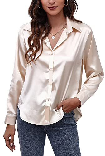 Panegy Chemise en Satin pour Femme à Manches Longues Blouses Boutonnée Haut de Travail Chemises Aspect Soie pour Dames Hauts de Bureau, doré, M