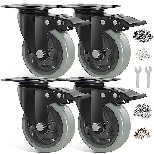 BAOLIHUI Heavy Duty Castors 100 mm Grey - Set of 4 Swivel Castors with Brakes up to 600 kg Including Mounting Accessories - Wheels for Indoor and Outdoor Use