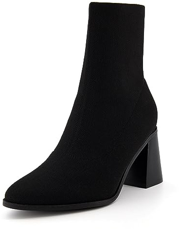 CUSHIONAIRE Sterling Womens Ankle Boots, Stretch Knit Upper, Genuine Leather Heel, Memory Foam Padding, Slip-On Design, Heeled Boots for Women, 2.75-Inch Block Heel, BLACK 8.5