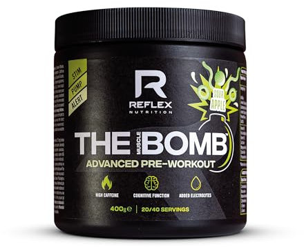 Reflex Nutrition The Muscle Bomb Caffeine Pre Workout Powder - 350mg Caffeine, 9g Citrulline Malate, 2.5g Beta Alanine - Energy, Pump & Focus for Explosive Workouts (Sour Apple, 400g, 20 Servings)