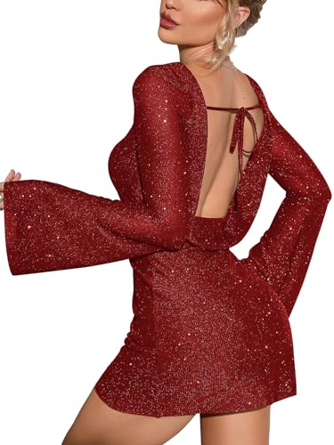 EYNMIN Sparkly Sequin Mini Dress Long Sleeve Backless Tie Glitter Short Going Out Dresses for Women Red XL