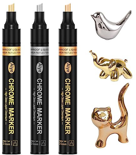 JDiction Metallic Chrome Markers, 3 Colors Permanent Markers Mirror Effect, 2-5mm Larger Application Area, High Gloss, Waterproof, Chrome Paint Pens for Christmas Resin Crafts, Coloring, Painting
