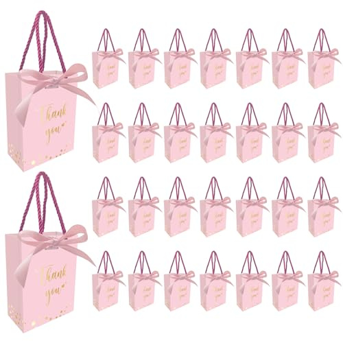 30 stycken minipapperspåsar, 10 x 6 cm, tack-presentpåse med handtag och band för bröllop, babyparty, avslutningsfest (Pink)