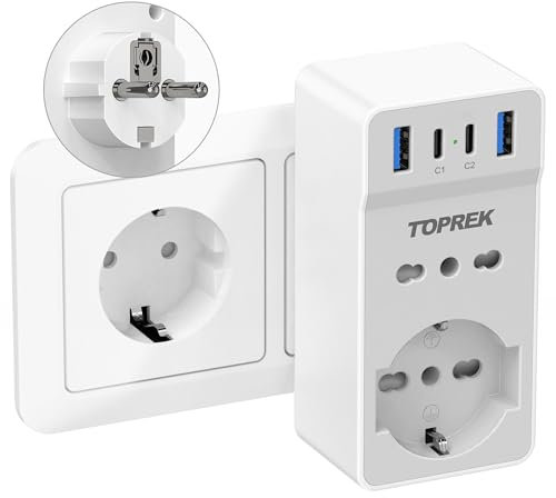 TOPREK Adattatore Spina Europea con 4 USB(USB-C1 20W PD3.0), Adattatore EU da Viaggio con 1 Schuko e 1 Prese ITA,Presa Europea Adattatore per Germania,Francia e Altri Paesi Europei 4000W/16A, Tipo E/F